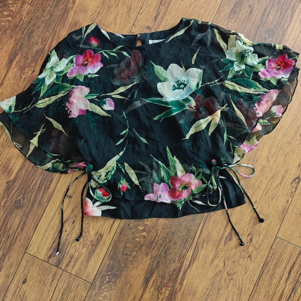 VTG 100% Silk Sheer‎ Flutter Sleeve Top Women's 8 Adrianna Papell Floral Whimsy